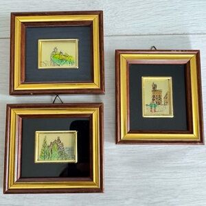 3 Framed Miniature Italian Gold Foil Hand Painted Scenic Landscape Artworks